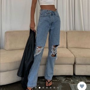 Princess Polly Holly Asymmetric Ripped Leg Jeans Light Wash Denim- Size 4